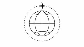 the plane flies along a trajectory. Planet earth with plane around. Flat illustration on a white background. Airplane travel.