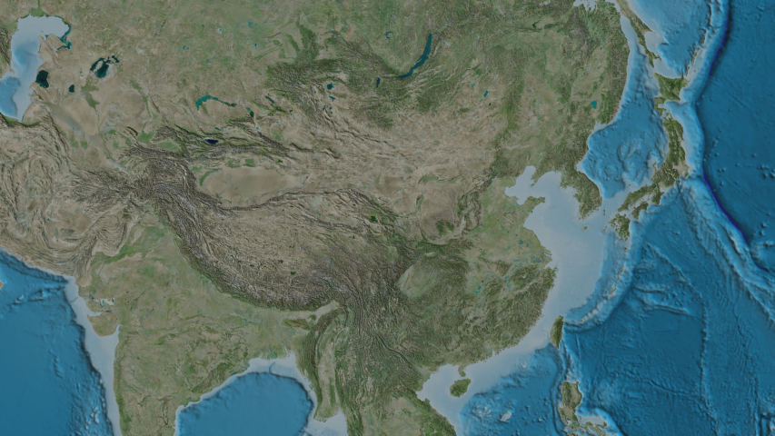 Hainan, province with its capital, zoomed and extruded on the satellite map of China in the conformal Stereographic projection