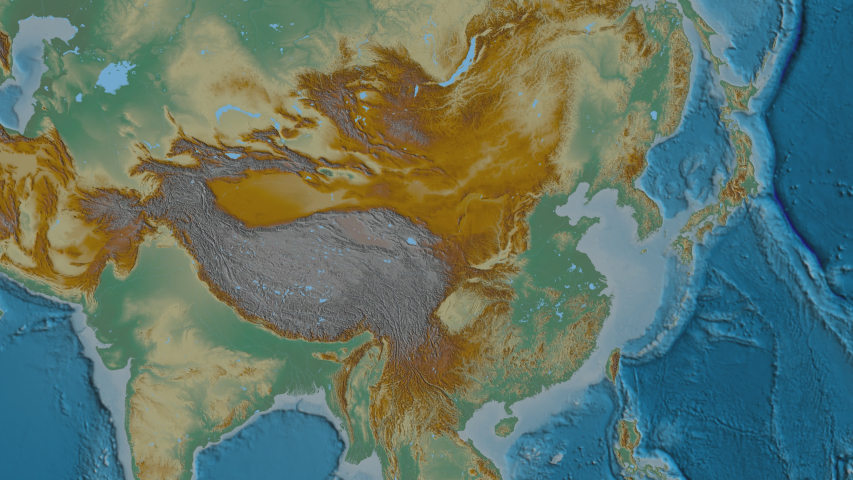 Hainan, province with its capital, zoomed and extruded on the relief map of China in the conformal Stereographic projection