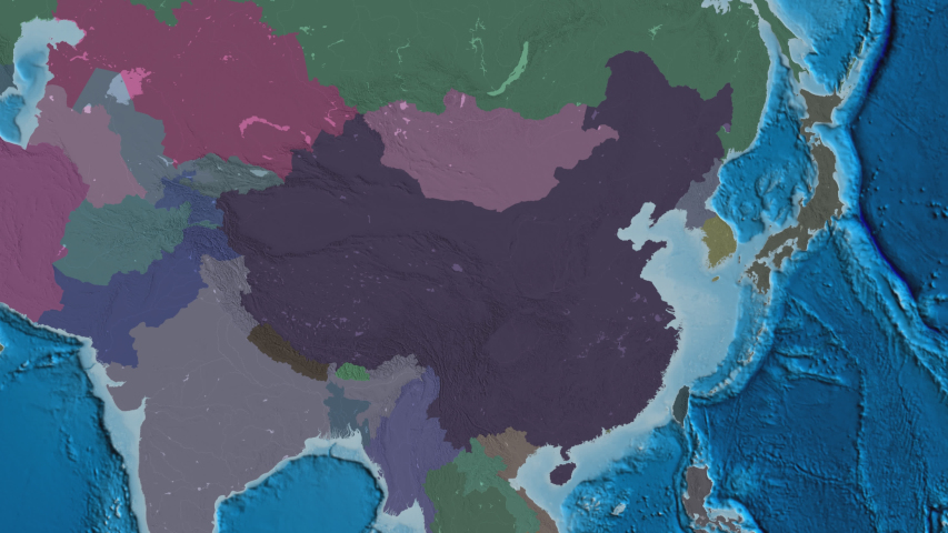 Tianjin, municipality with its capital, zoomed and extruded on the administrative map of China in the conformal Stereographic projection