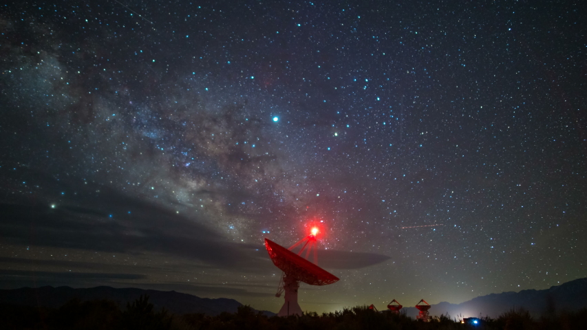 Astro timelapse of Milky Way over radio observatory in Eastern Sierra, California  Royalty-Free Stock Footage #1044516727