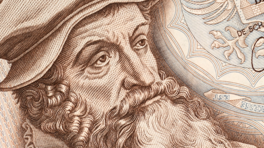 Gerardus Mercator (1512 - 1594) portrait on Belgium 1000 francs (1965) banknote rotated. Famous cartographer, inventor of Mercator map projection. 4K