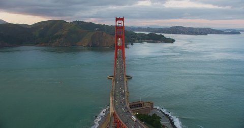 Aerial view of the Golden Gate Bridge. San Francisco, US. With the hilly Marin Headlands in the background. This suspension bridge is one of the most iconic landmarks of California. Shot on Red 8K