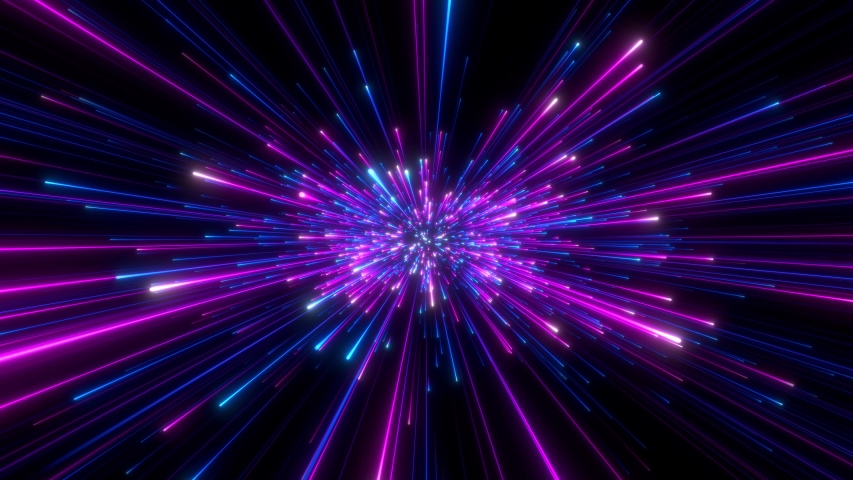 Looped animation. Interstellar travel through space and time at the speed of light. Bright neon blue and violet laser beams on dark background. Colorful fireworks. 3d rendering. Royalty-Free Stock Footage #1044522304