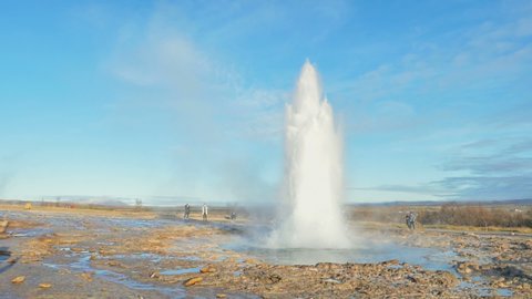 Slow motion, thermal geyser exploding in Iceland