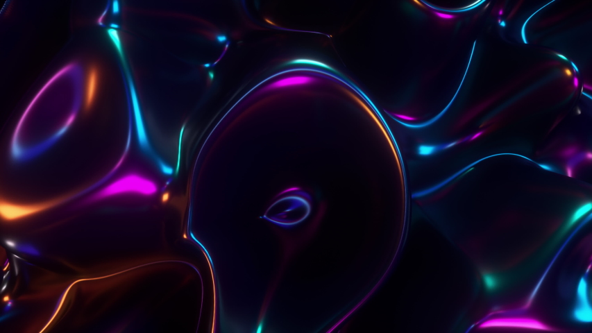 Abstract 3d render holographic oil surface background, foil wavy surface, wave and ripples, ultraviolet modern light, neon blue pink spectrum colors. Seamless loop 4k animation