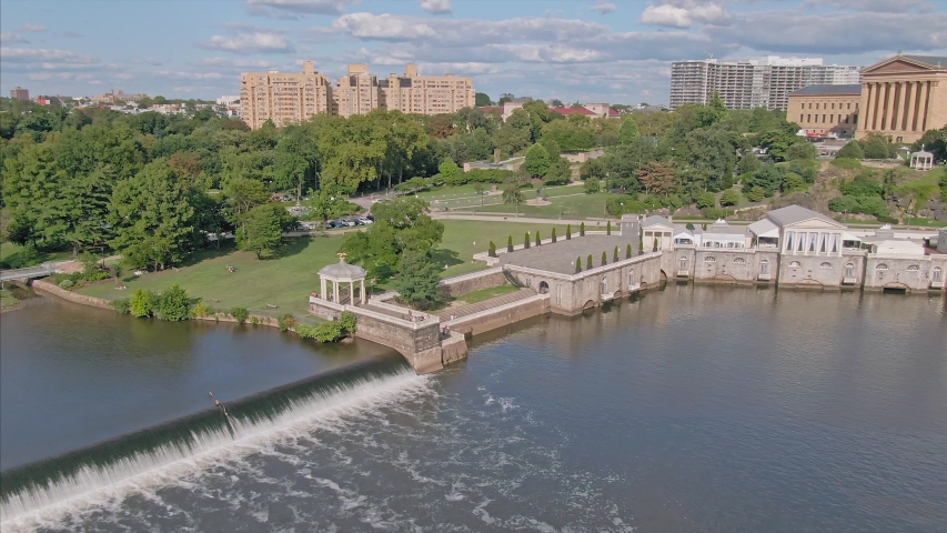 Aerial: Fairmount Dam on the Schuylkill River and the Philadelphia Museum of Art. Philadelphia, Pennsylvania, USA 