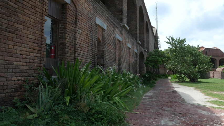 Brick paved walkway inside the ruins of an old fort