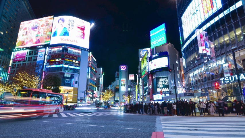 January 3, 2020 : Shibuya Crossing, Tokyo, Japan : Night time timelapse at Shibuya crossing .4K UHD time-lapse with crowded people and car traffic transport across intersection. Tokyo attraction