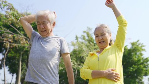 happy senior asian couple exercising stretching arms outdoors
