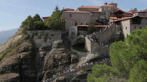 Tourists on stairways of Meteora monastery Great Meteoron 4K video