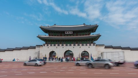 Seoul, South Koera - Oct 24, 2019: 4k hyperlapse video of Gwanghwamun Gate at Gyeongbokgung Palace in Seoul