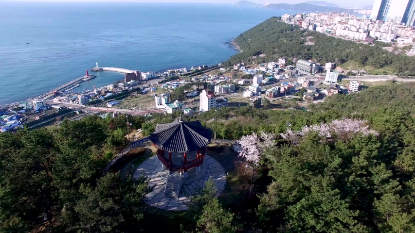 Aerial View of Haemaru Pavilion and Cheongsapo Port, Haeundae, Busan, Korea, Asia.