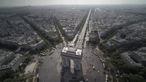 Aerial drone shot of the Arc de Triomphe and the Place de l'Etoile in Paris in Summer.
