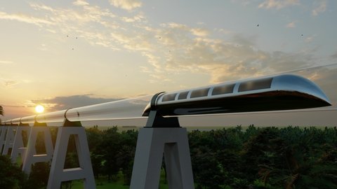 Train of monorail maglev hyperloops inside a glass tube moves at high speed 4k