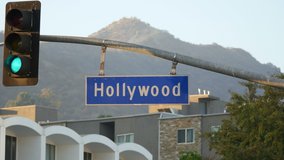 Hollywood boulevard street sign and traffic lights in 4k