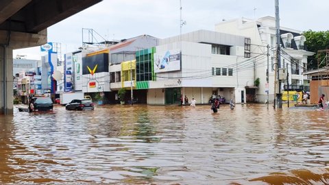 JAKARTA - Indonesia. January 03, 2020: Incessant rains triggered flooding in Kelapa Gading region with thousands of building inundated. Shot in 4k resolution