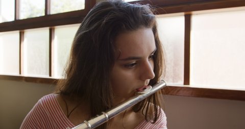 Front view close up of two teenage Caucasian girls sitting by a window, one playing flute and the other playing a ukulele, slow motion