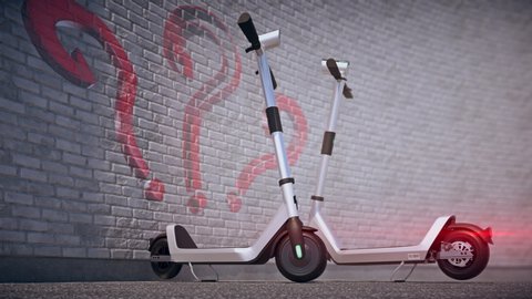 Shared scooters. Graffiti with question sign on the brick wall.
The footage is useful for Illustration of e-scooters problems in cities.