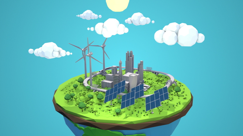 Save the planet. Day to night seamless loop  cycle animation of a clean green energy futuristic city using wind turbines and solar panels. Global warming resources for a bright future.  Royalty-Free Stock Footage #1044594103