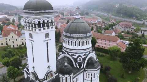 4k Sighisoara Romania Holy Trinity Church Cloudy Day Drone Aerial