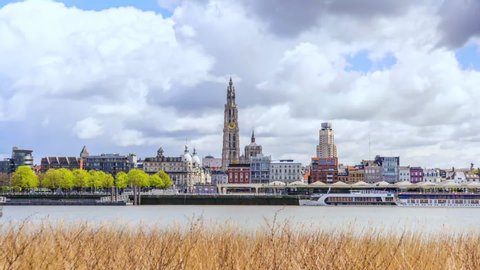 Time lapse of Antwerp Belgium Cityscape Skyline from Across the Harbour