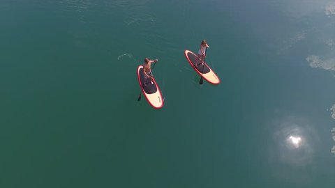 AERIAL: Surfer man and woman SUP boarding from lake island