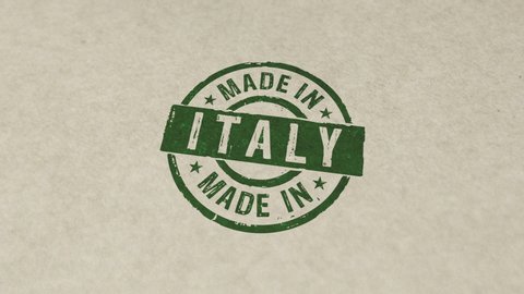 Made in Italy stamp and hand stamping impact animation. Factory, manufacturing and production country 3D rendered concept.