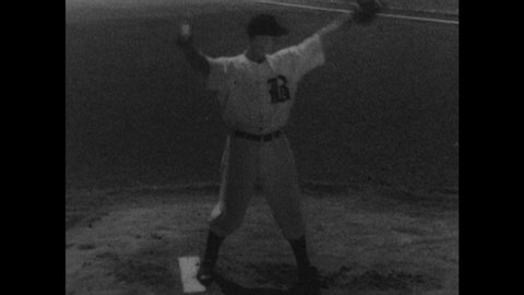 1940s: Feet on pitcher's mound. Man throws ball. Text reads "HUGH CASEY." Player sneaks off first base. Pitcher throws ball to teammate. Player is tagged out.