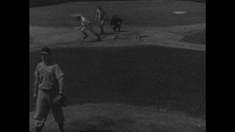 1940s: Pitchers throw baseballs. Text reads "PAUL DERRINGER. CURT DAVIS."