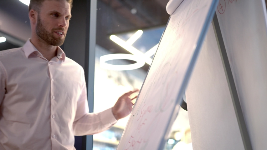 Caucasian male executive in smart casual apparel working with flip chart writing information ideas during analyzing, young man speaker search decision solutions in boardroom
