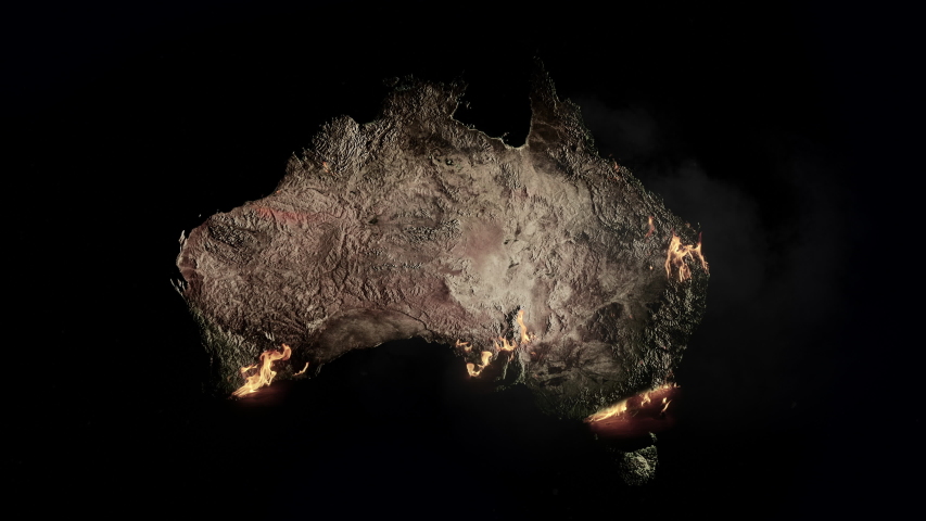 Australia is bushfire prone and this is represented in graphical form with fire and flames on this Australian satellite map | Shutterstock HD Video #1044638725