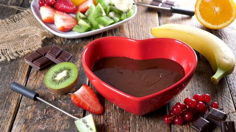 chocolate fondue with fresh fruits- romantic dessert- 4K