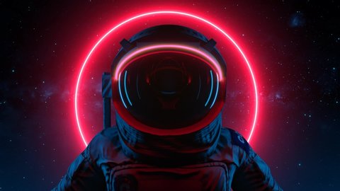 Astronaut In Search Of New Planets In Space. Neon Glowing Lights. Space Background. Seamless Loop