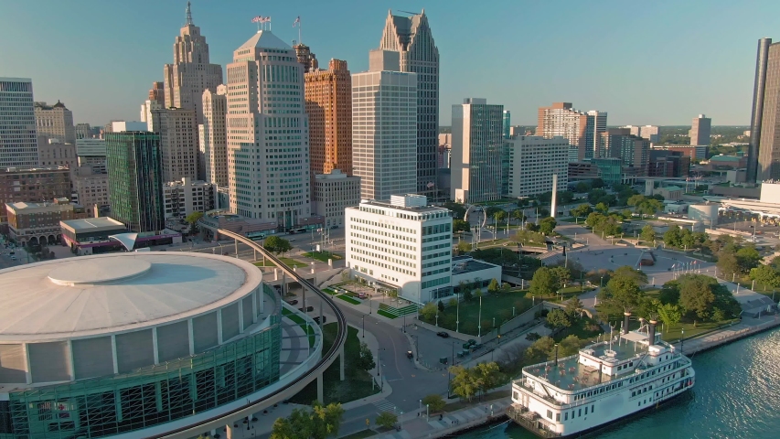 Aerial: Downtown Detroit and the Detroit River. Detroit, Michigan, USA