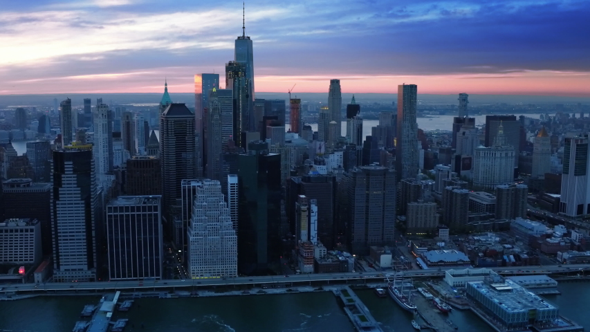 Aerial view of New York with financial charts and data. Futuristic city skyline. Big data, Artificial intelligence, Internet of things. Stock exchange figures. Royalty-Free Stock Footage #1044658462
