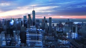 Aerial view of New York with financial charts and data. Futuristic city skyline. Big data, Artificial intelligence, Internet of things. Stock exchange figures. - Powered by Shutterstock - Get 15% off with code: PIKWIZARD15