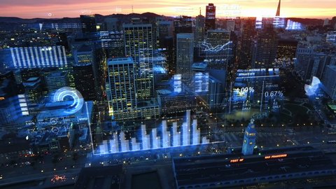 Futuristic city skyline. Stock exchange figures. Aerial view of San Francisco with financial charts and data. Big data, Artificial intelligence, Internet of things, VR. 