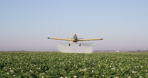 Front view of a crop duster flying directly towards camera spraying chemicals over vegetable crops