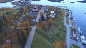 Flying over the ancient fortress of Lappeenranta on a dark October day. Finland (aerial video)