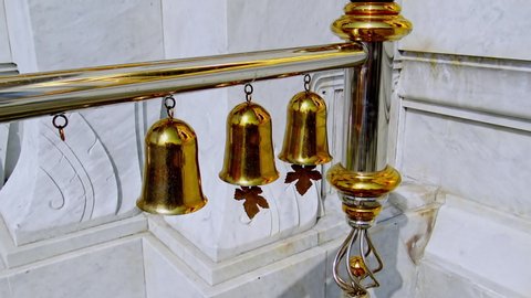 The prayers bells in front of the Buddhist temple in Bangkok, Thailand.