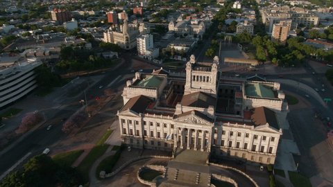 Aerial view of Montevideo showing architectural landmark Legislative Palace building at sunset in Montevideo, Uruguay.