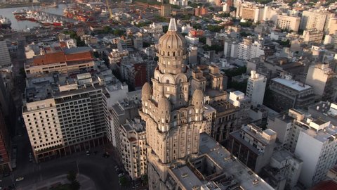 Montevideo, Uruguay, aerial view of cityscape showing historical landmarks Palacio Salvo and Independence Square at sunset. 