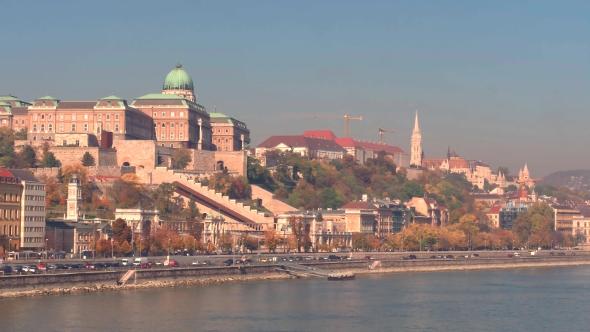 Castle Hill in Hungary, next to river Danube aerial stock video. 