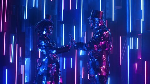 Two people a man and a woman dance in reflective shiny costumes against a neon wall