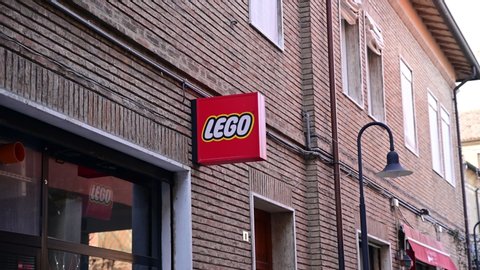 Ravenna, Italy. December 2019. Video on the Lego shop logo. Sunny day.