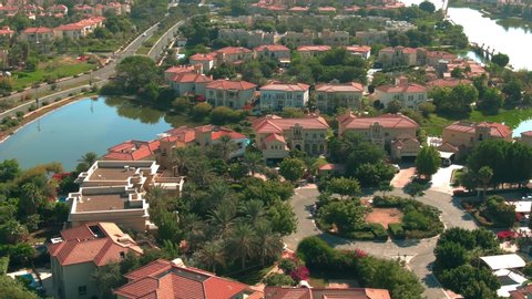 Aerial view of luxury Jumeirah Islands community villas in Dubai, United Arab Emirates