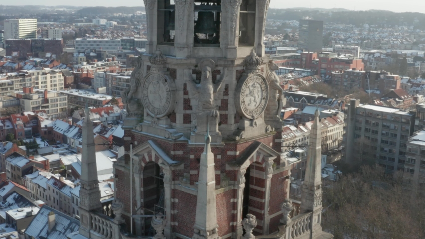 Historial tower Aerial from Leuven city in flanders, belgium during winter snow