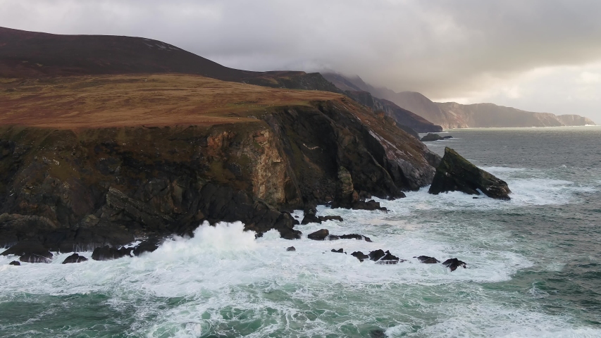 Aerial view of the beautiful coast at Malin Beg in County Donegal, Ireland. Royalty-Free Stock Footage #1044682222