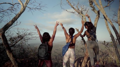 Young attractive hikers jump for joy as they reach the top of a mountain, celebrating and happy Vídeo Stock